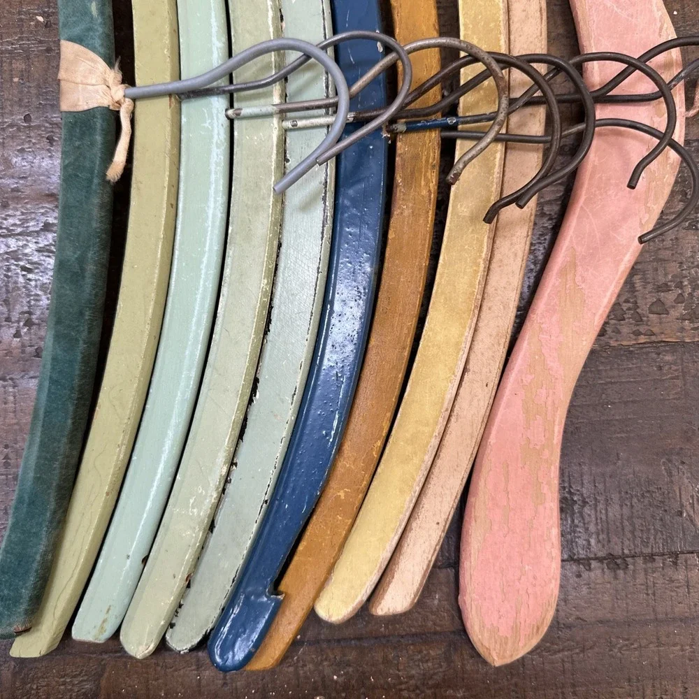 Vintage Painted Wooden Hangers Lot 12 Cottagecore Floral Velvet Shabby Chic
